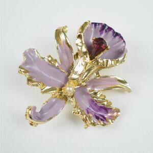 Vintage Gold & Purple Enamel Orchid Flower Floral Brooch Pin Pearl Rhinestone